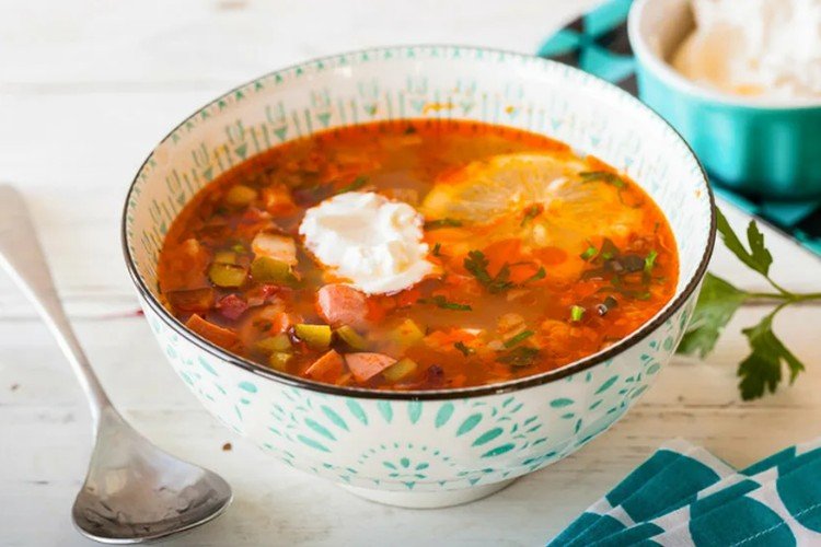 Solyanka with Boiled Sausage, Ham, and Capers