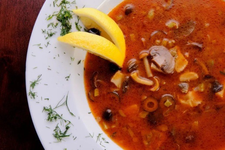 Solyanka with Boiled Sausage and Dried Mushrooms