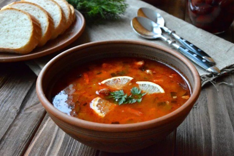 Meat Solyanka with Pork, Hunting Sausages, and Dried Mushrooms