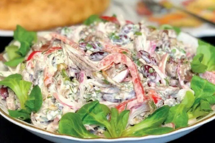 Hearty Tbilisi Salad with Pork, Mayonnaise, and Croutons