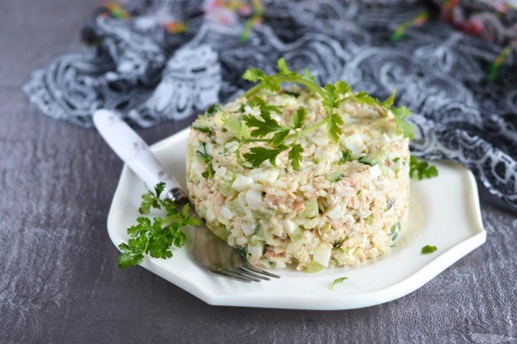 Canned Pink Salmon, Rice, Cucumber, and Egg Salad
