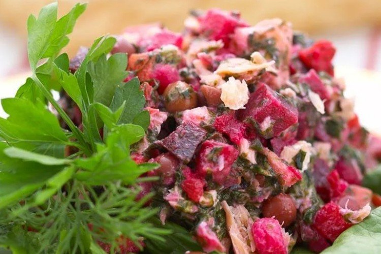 Salad with Beets, Canned Pink Salmon, and Pickled Cucumbers