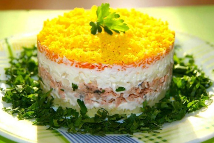 Mimosa Salad with Canned Pink Salmon, Eggs, and Processed Cheese