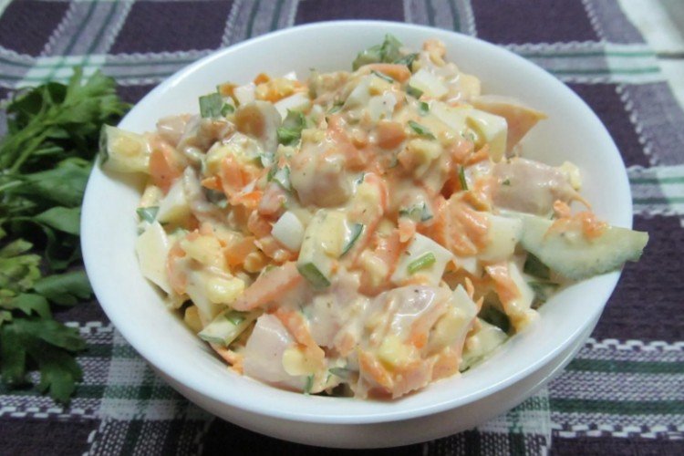 Salad with Korean Carrots, Cucumbers, and Canned Pink Salmon