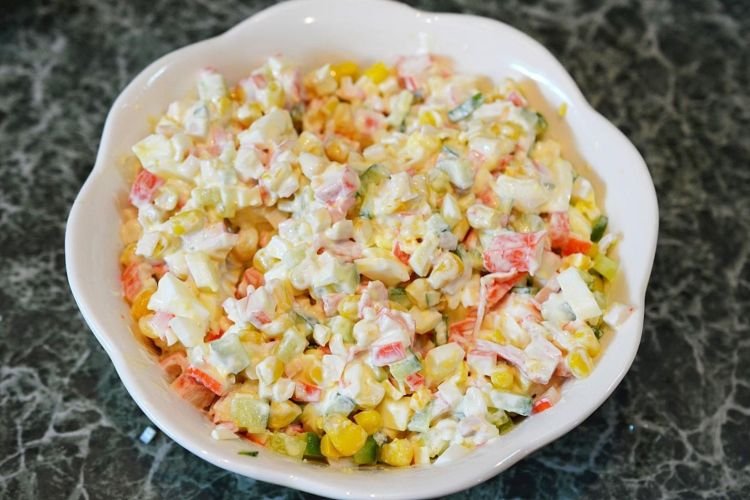 Salad with Crab Sticks, Cucumbers, Corn, and Braided Cheese