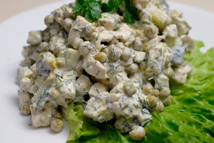 Salad with Pickled Mushrooms, Braided Cheese, and Green Peas