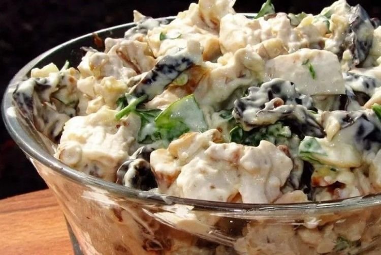 Salad with Prunes, Chicken, Braided Cheese, and Eggs