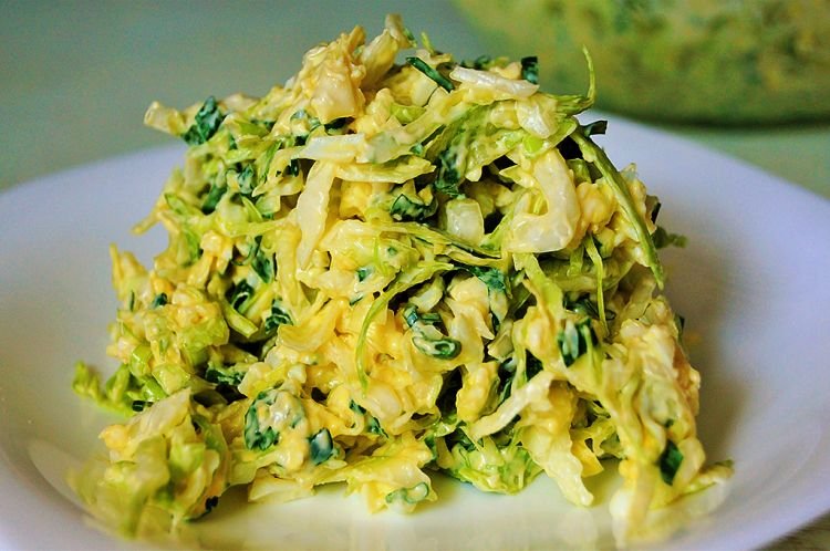 Salad with Eggs, Braided Cheese, Cabbage, and Herbs