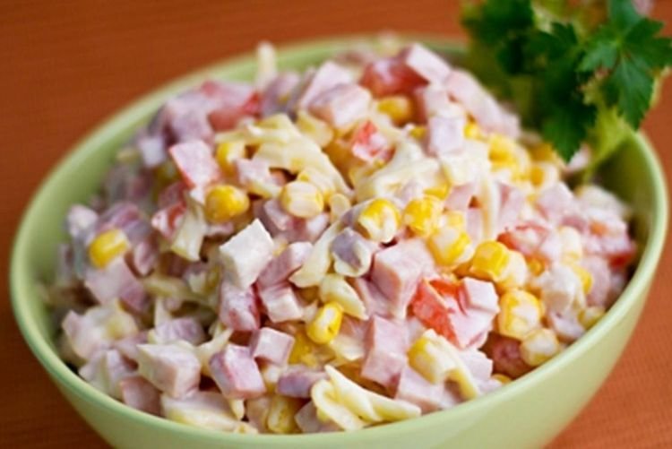 Salad with Braided Cheese, Processed Cheese, Sausage, and Corn