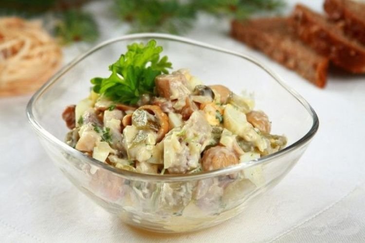 Salad with Braided Cheese, Potatoes, and Pickled Mushrooms