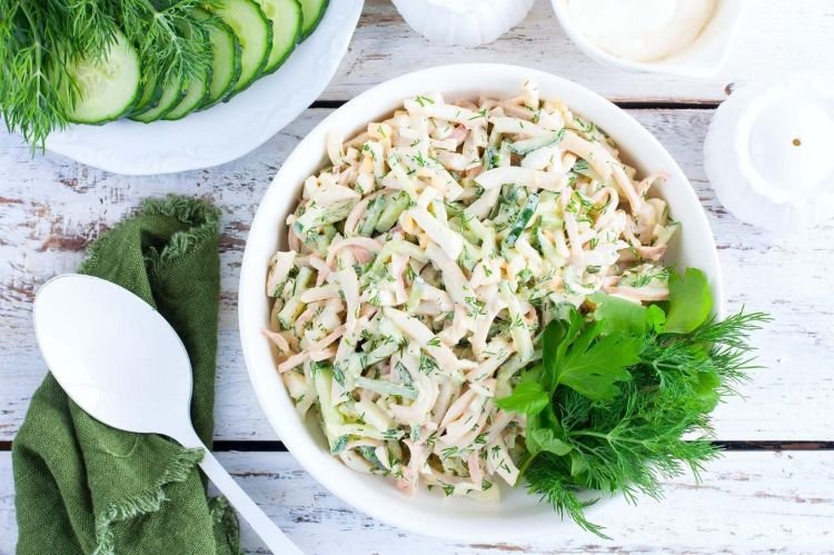 Salad with Calamari, Eggs, Braided Cheese, and Cucumbers