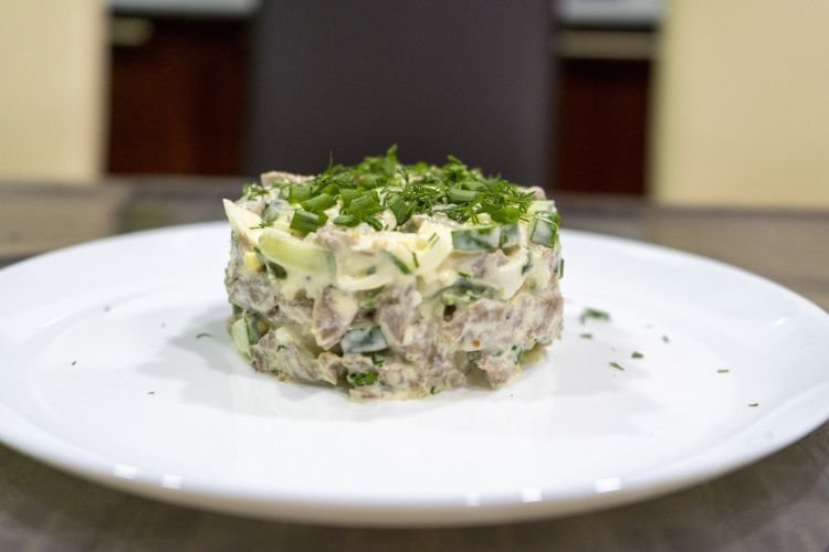 Salad with Beef, Eggs, Cucumbers, and Braided Cheese