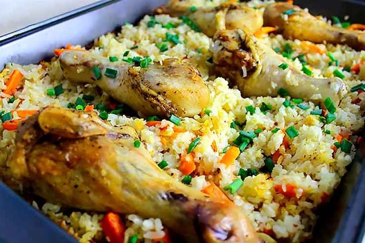 Chicken Drumsticks Baked with Rice in the Oven