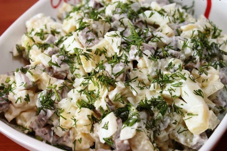 Salad with Fried Mushrooms, Potatoes, Pickled Cucumbers, and Black Radish