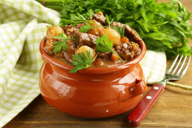 Pot Roast with Pork, Potatoes, and Beans in Pots