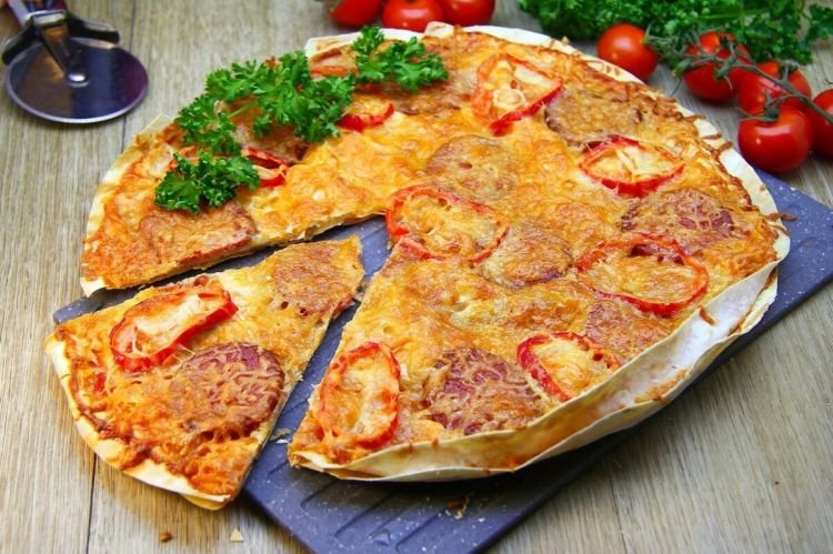 Lavash Pizza with Sausage in the Oven