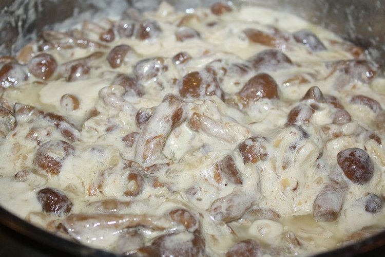 Gebratene Honigpilze mit Zwiebeln in Sauerrahm