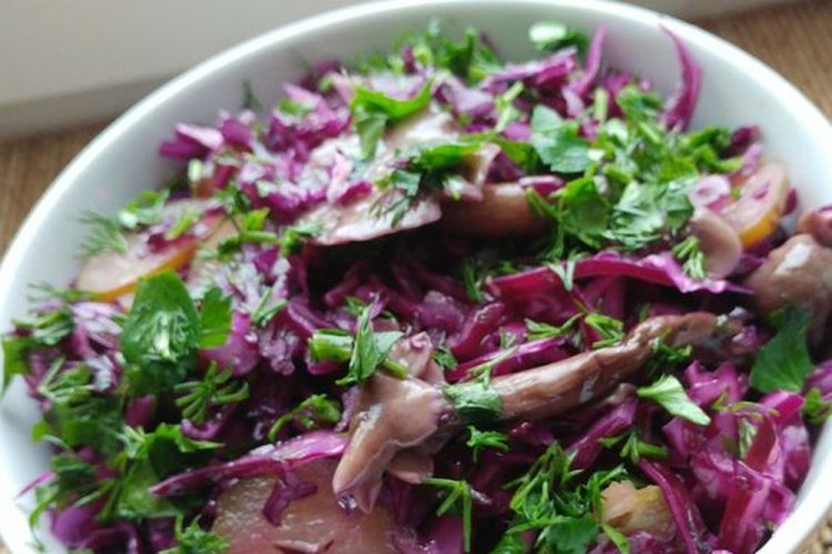 Ensalada de col lombarda y setas encurtidas