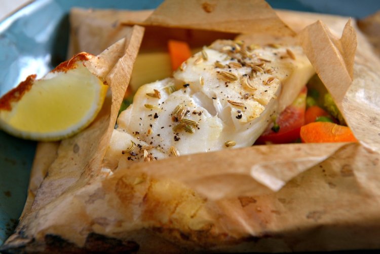 Fletán con naranja al horno