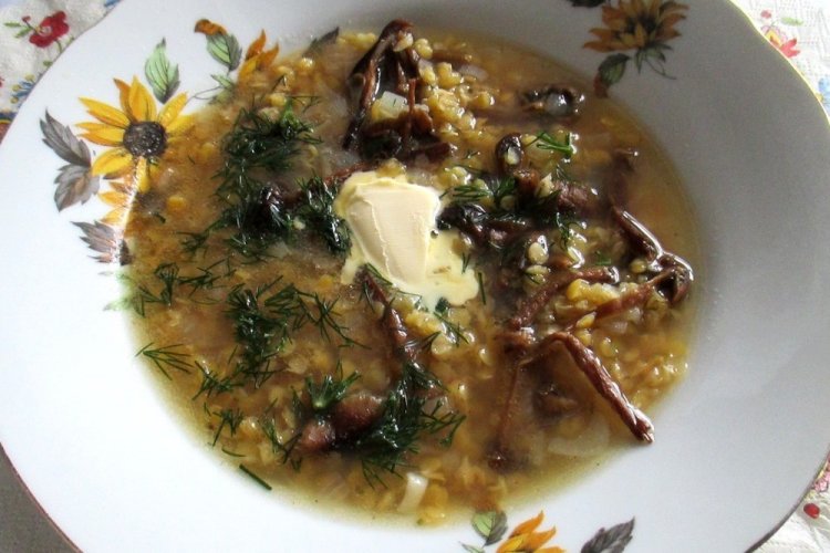 Sopa de setas de miel con guisantes