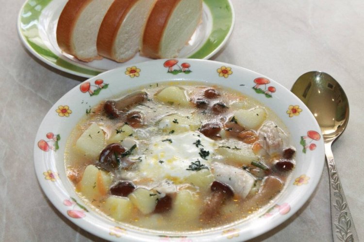Sopa de setas de miel con pollo