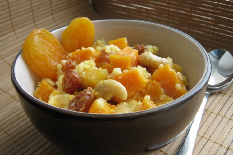 Pumpkin Rice Porridge with Dried Fruits and Milk