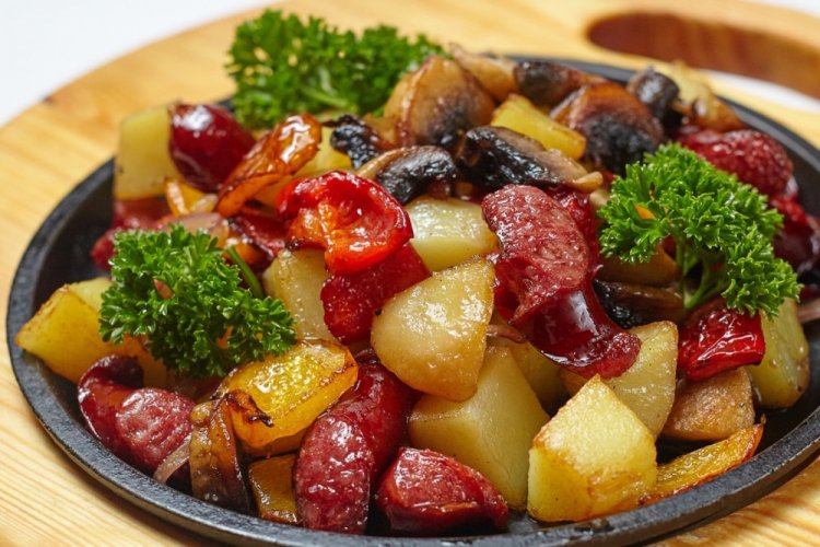 Fried Potatoes with Honey Mushrooms and Hunter's Sausages