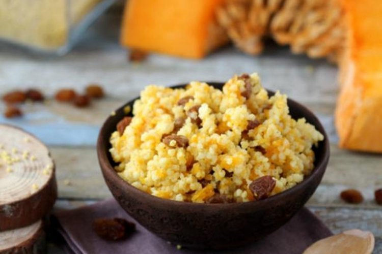 Millet Porridge with Pumpkin and Raisins in Milk