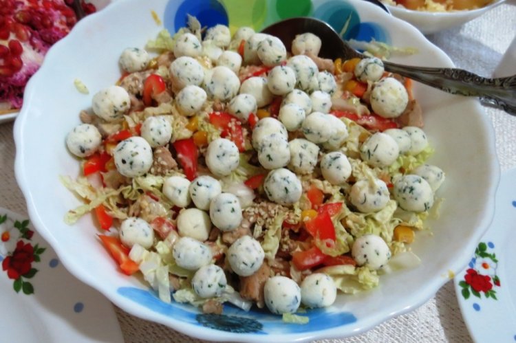 New Year's Salad with Chicken and Cheese Balls