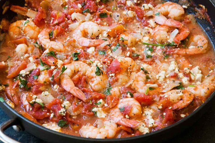 Fried Shrimp in Tomato Sauce with Feta