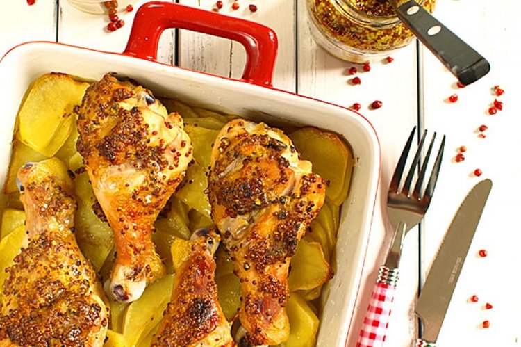 Muslos de pollo con patatas y mostaza