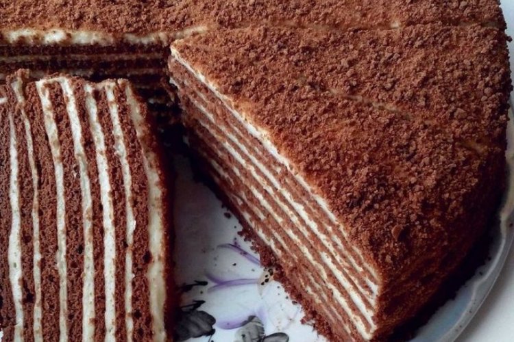 Pastel con crema agria y leche condensada en una sartén