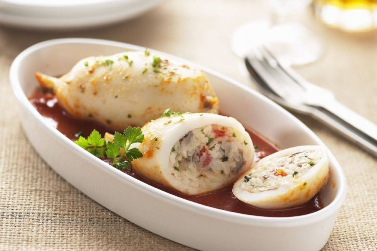 Stuffed Squid with Mushrooms, Bell Pepper, and Rice