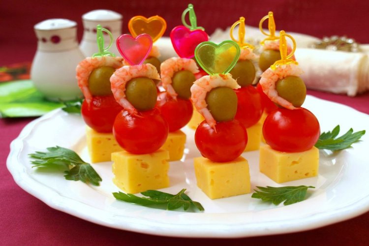 Canape with Olives, Cheese, and Shrimp