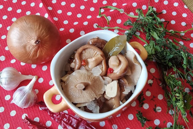 Setas de leche encurtidas con cebolla para el invierno