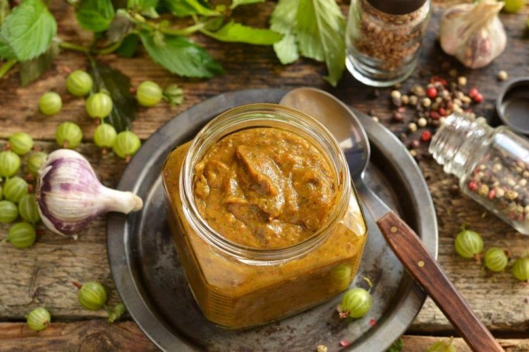 Gooseberry Tkemali with Garlic and Hot Pepper