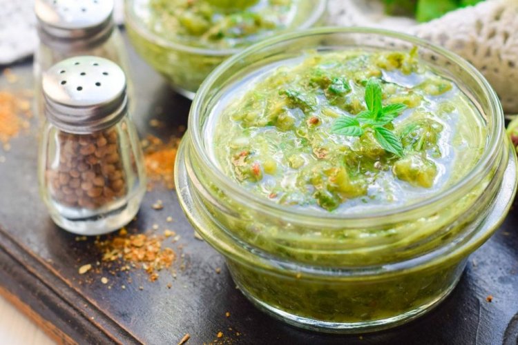 Green Gooseberry Adjika with Hot Pepper, Garlic, and Mint