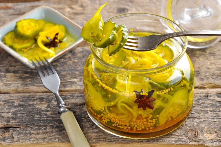 Cucumbers with Onion, Star Anise, Turmeric, and Mustard Seeds
