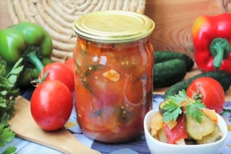 Tomato and Cucumber Salad with Citric Acid for Winter