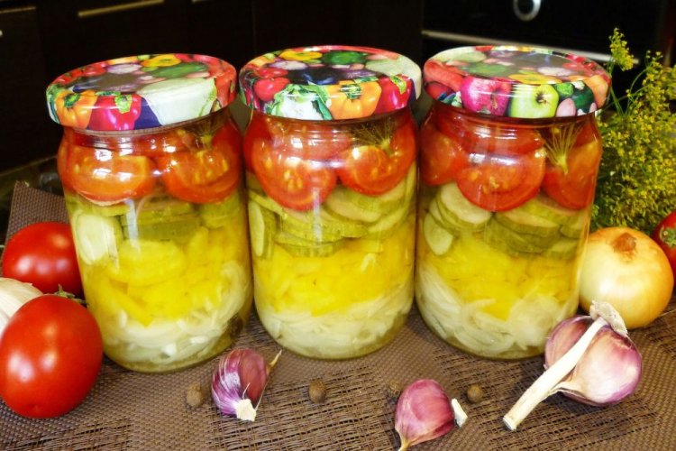 Layered Salad with Cucumbers, Tomatoes, and Sweet Peppers