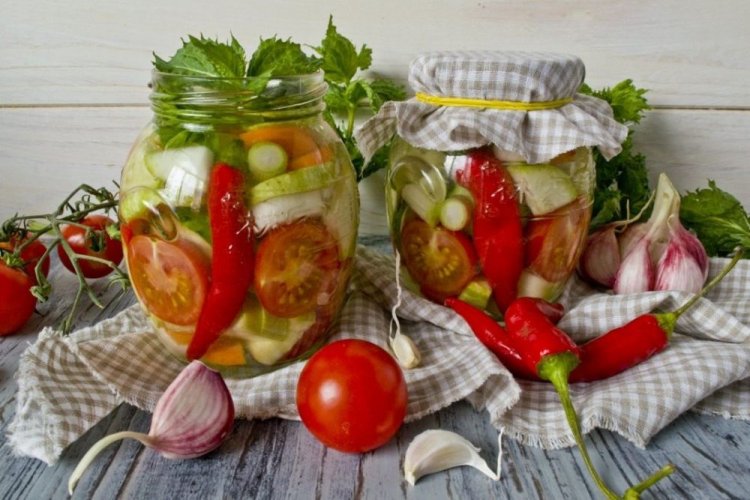 Salad with Cucumbers, Tomatoes, Zucchini, and Hot Peppers