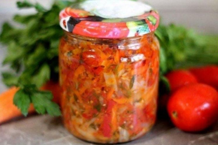 Salad with Cucumbers, Tomatoes, and Carrots for Winter