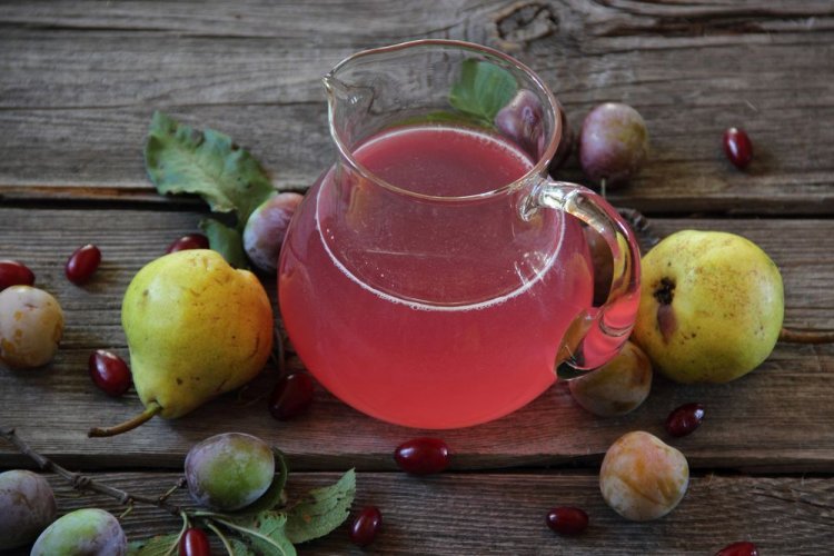 Pear Compote with Dogwood and Plums