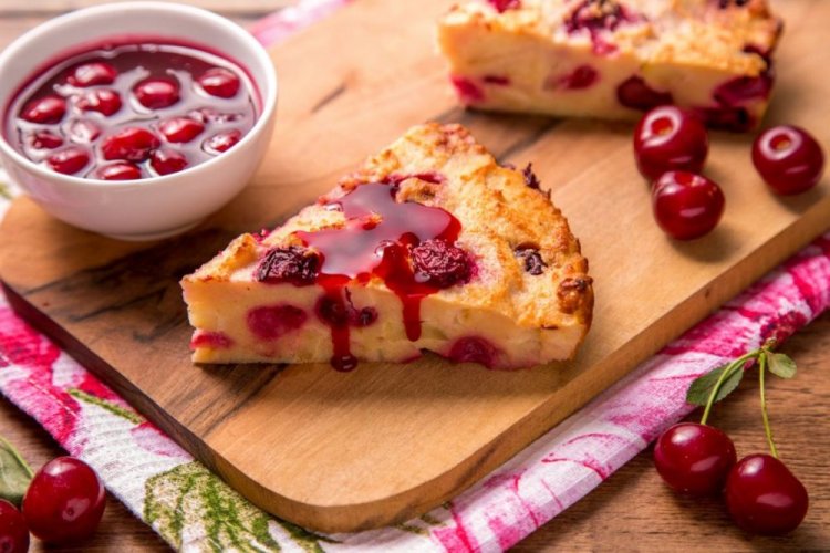 Pour-Over Cake with Semolina, Cottage Cheese, and Cognac-Soaked Cherries