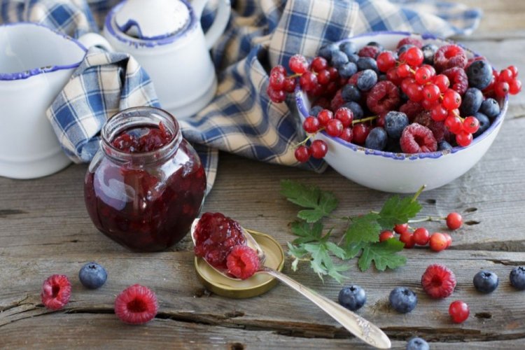 Raw Jam from Blueberries, Raspberries, and Red Currants