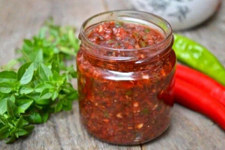 Adjika with Hot Pepper, Tomatoes, and Basil