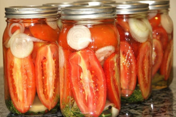 Tomaten in Spalten mit Zwiebeln in Gelatine