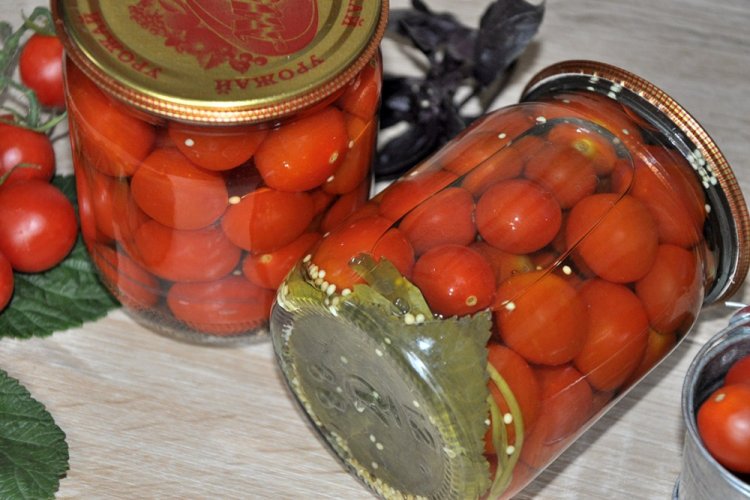Tomates cherry encurtidos con hojas de cerezo