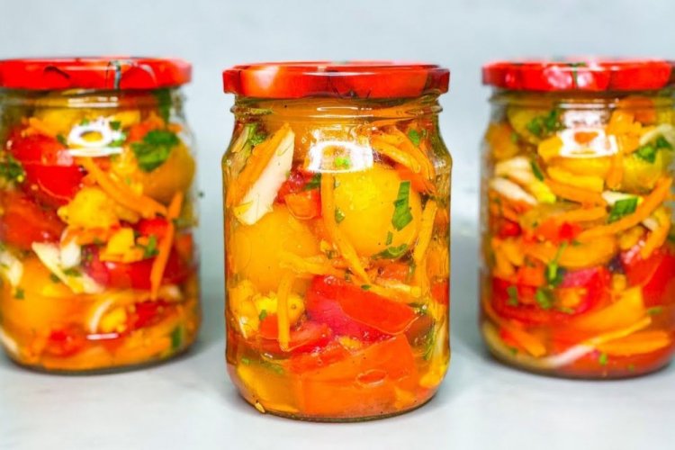 Korean Salad with Tomatoes, Carrots, and Bell Pepper for Winter
