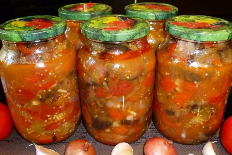 Eggplants with Cucumbers in Tomato Sauce for Winter